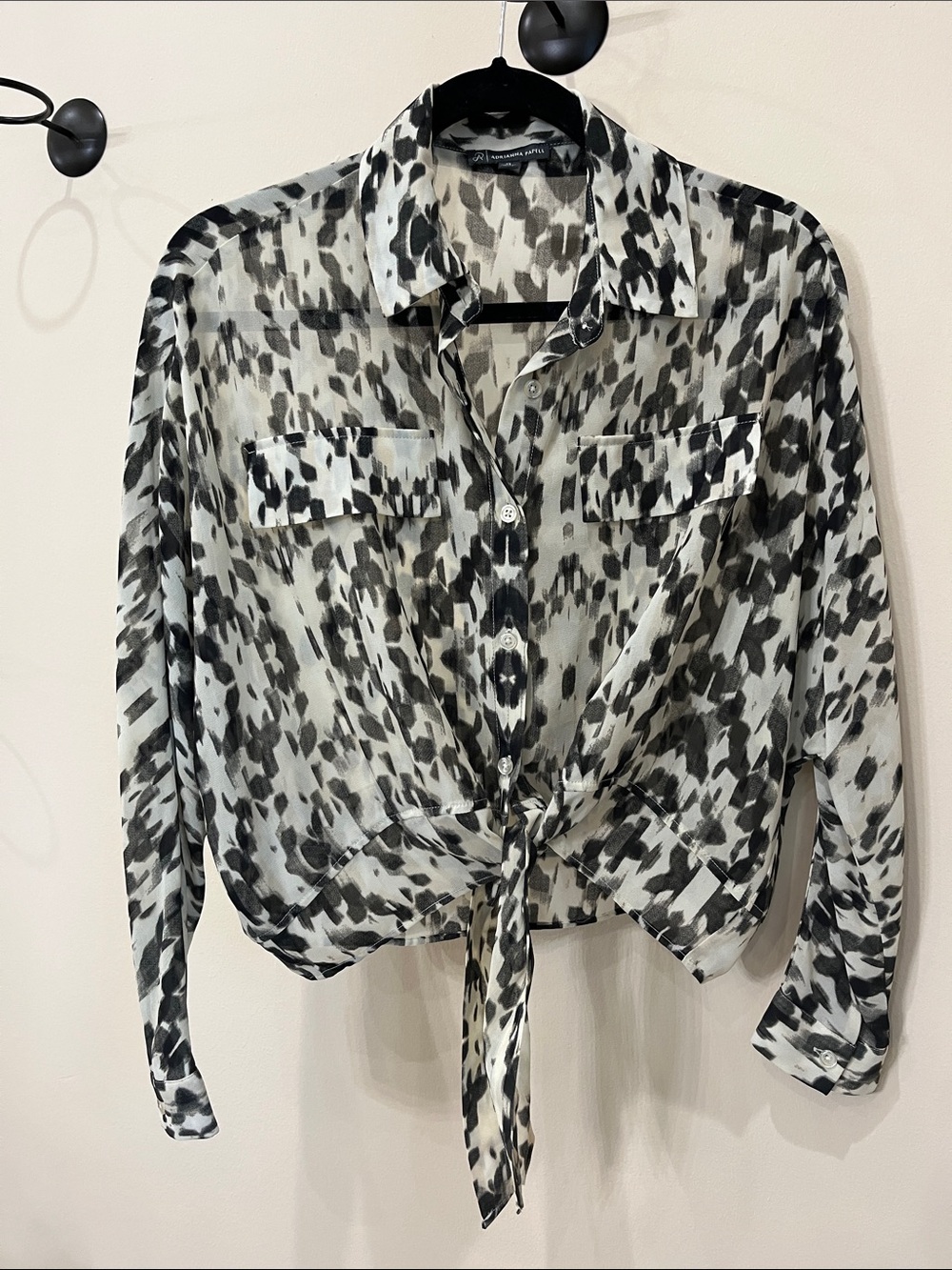 NWOT Adrianna Papell Tie-Front Sheer Print Shirt - Size XS